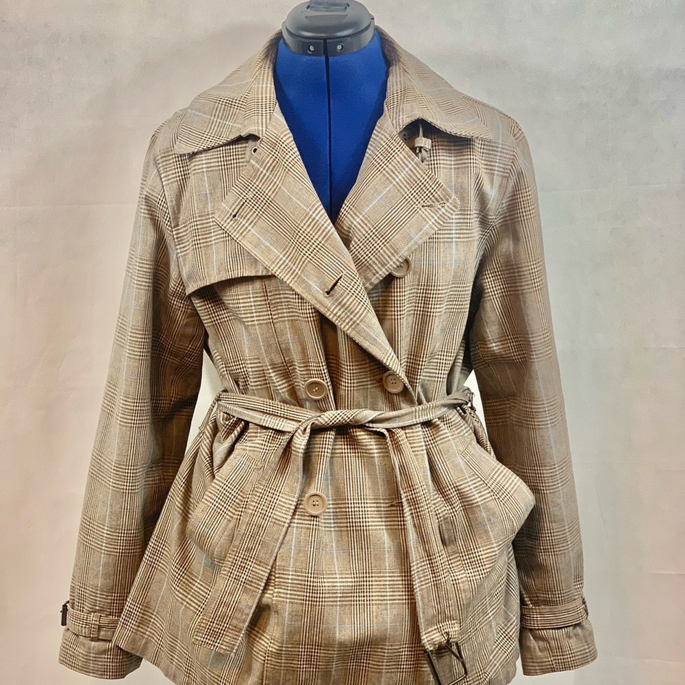 Tan & Brown Plaid 3/4 Trench Jacket
